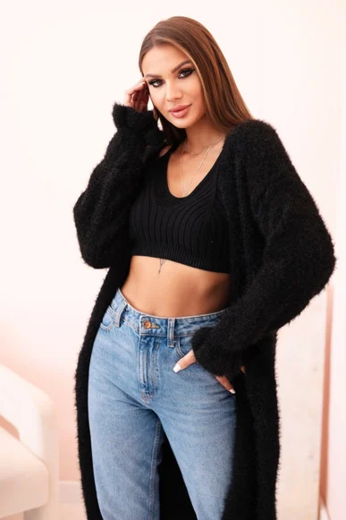 Kardigan damski z moheru o długim kroju z kieszeniami czarny