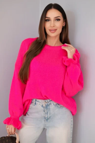 Sweter bufka z falbanką neonowy róż